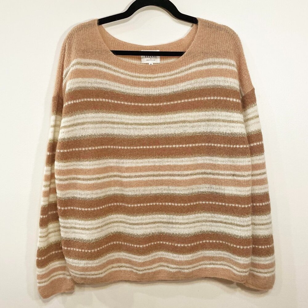 EUC Sezane Kate Mohair Alpaca Sparkle Stripe Sweater Camel Ecru XL